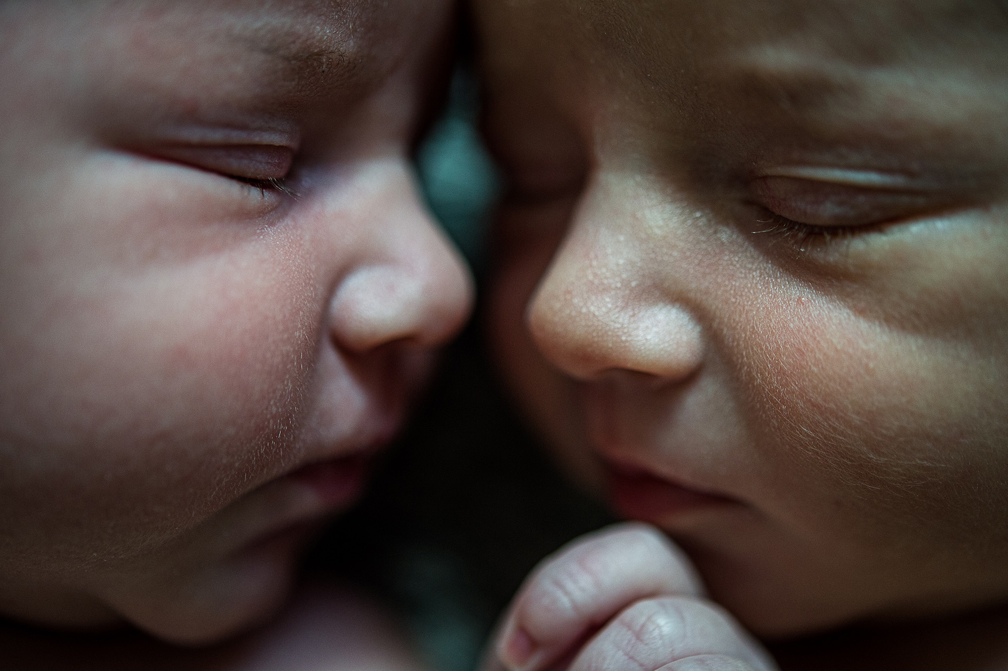 Visages de deux jumeaux nouveau-nés collés l'un contre l'autre, doigts fripés en gros plan